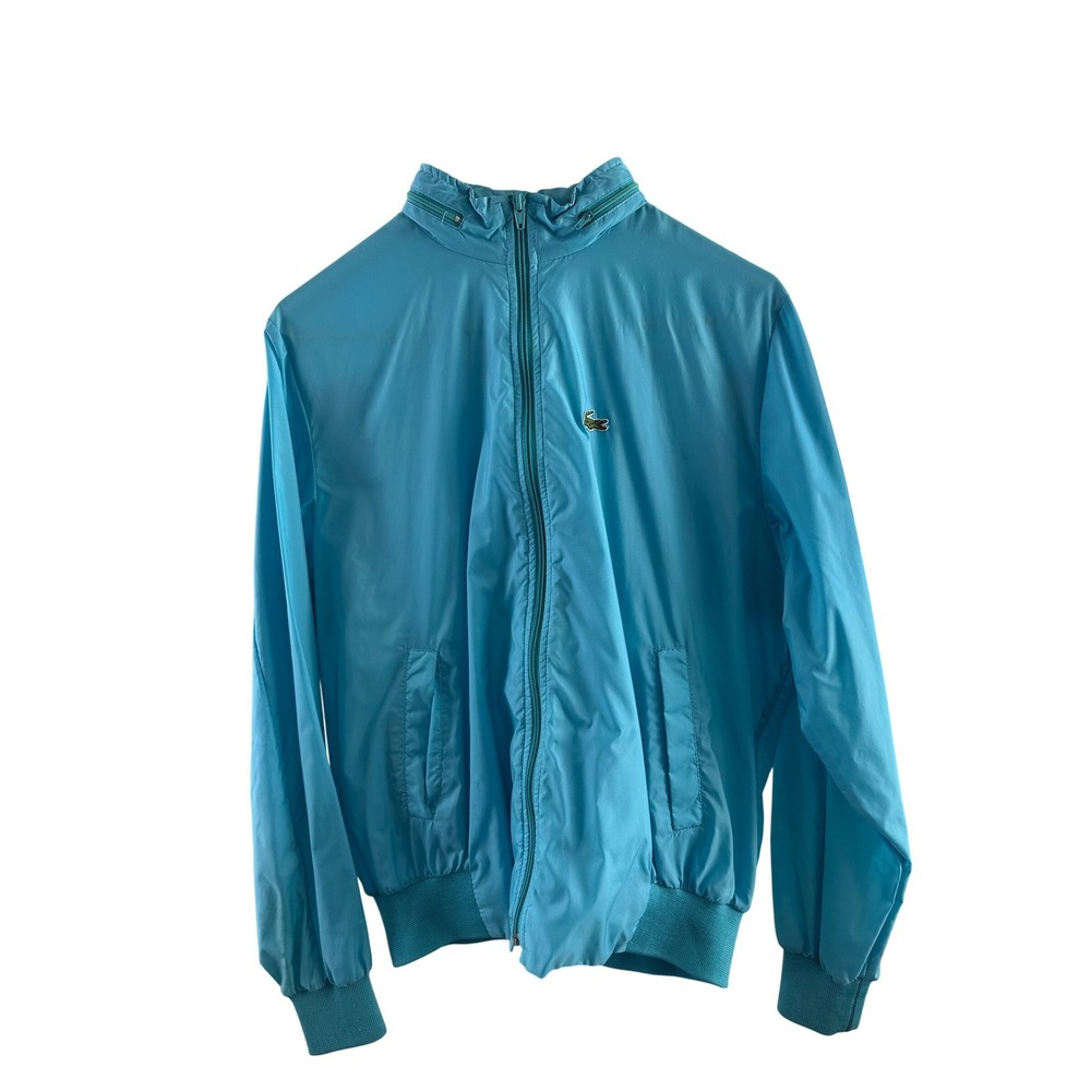 Vintage Izod Lacoste Windbreaker Jacket Mens Medium Blue Full Zip Stowaway Hood